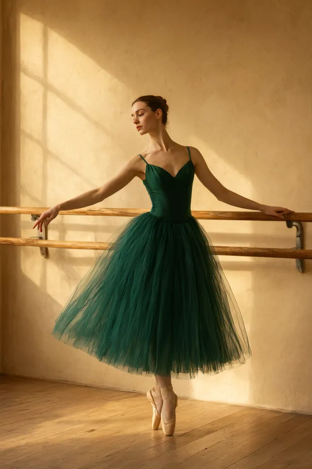 Dancer in a green tutu at the barre