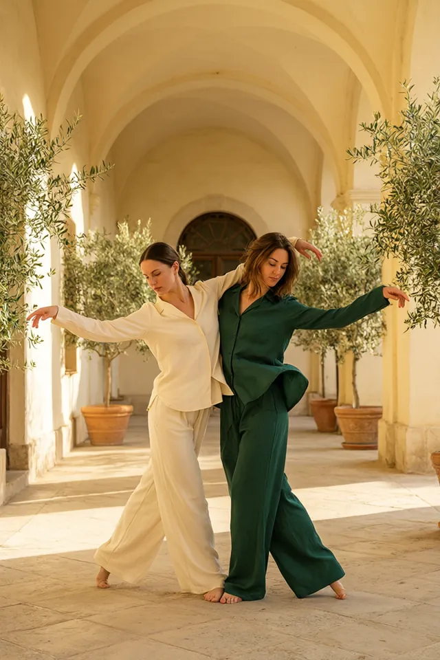 Two dancers in a sunlit cloister